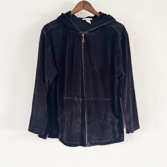 Y2K Velour Zip Up Hoodie Large Black Loungewear Cozy Athleisure Cotton Couture - Picture 2 of 12